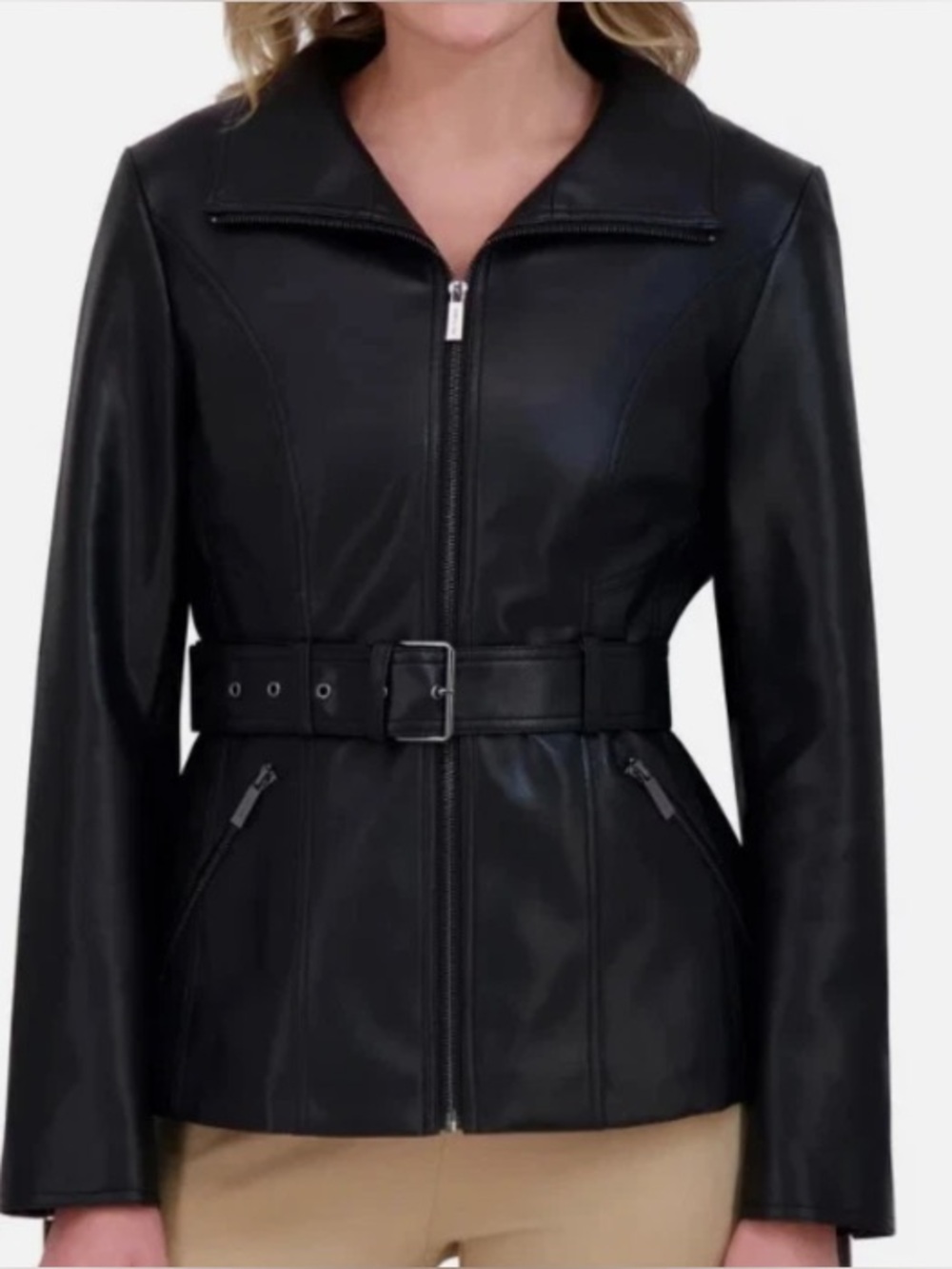 Kenneth Cole Black Faux Leather Belted Zip Jacket